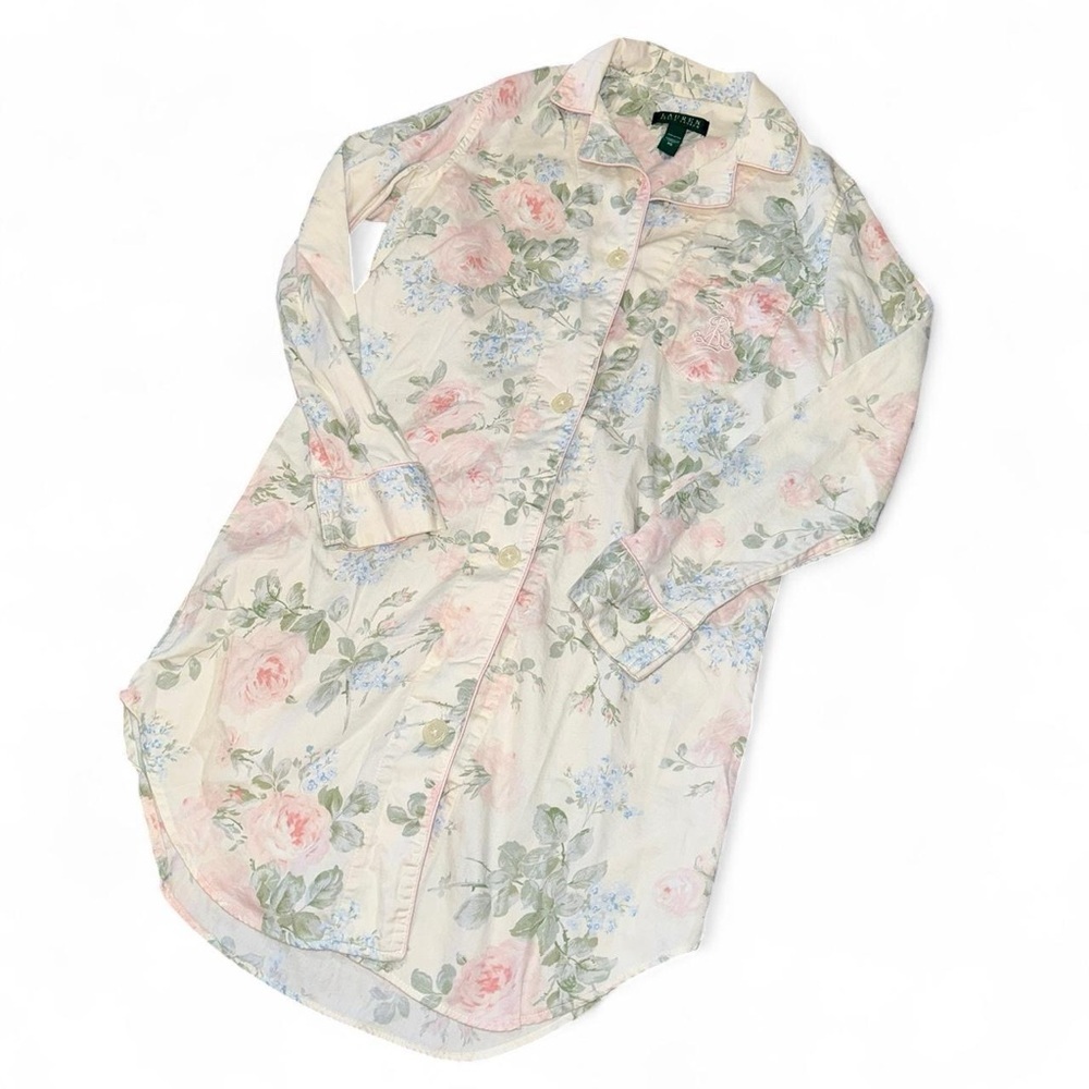 Ralph Lauren Women’s Pastel Floral Cotton Button Up Nightshirt SZ XS Long Sleeve